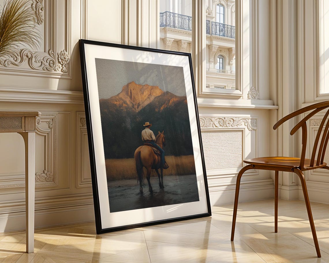 Cowboy Horseback River Crossing Mountain Western Oil Painting Poster - Image 3