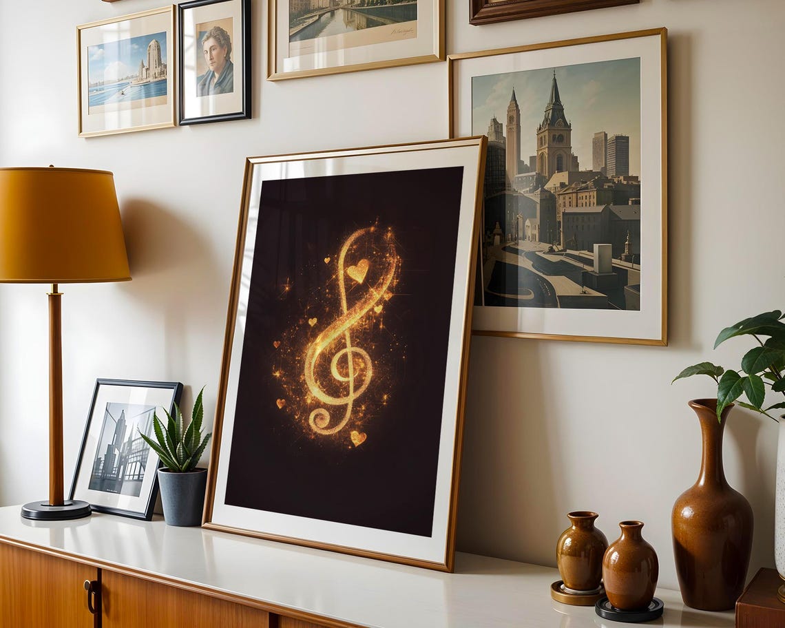 Golden Treble Clef Hearts Black Background Music Note Glow Art Poster - Image 5