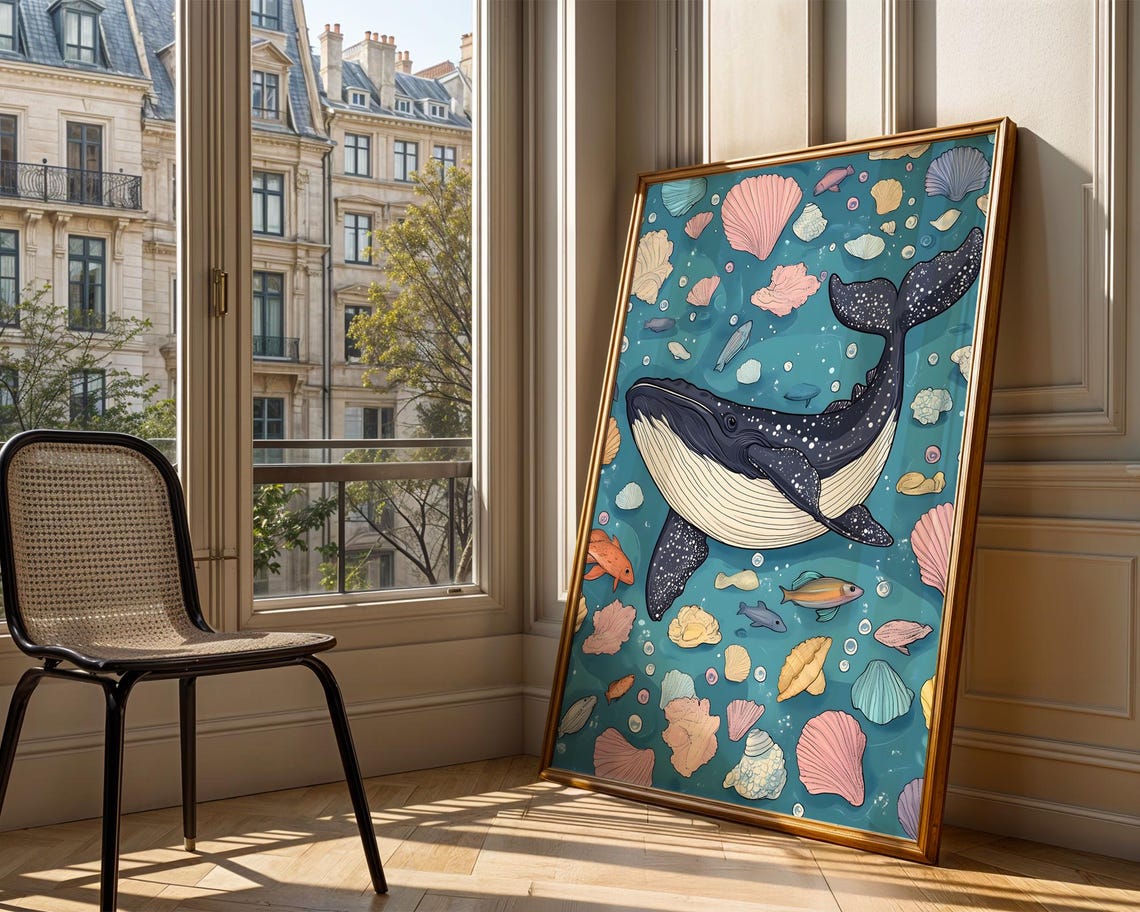 Whale Illustration Seashells Fish Playful Ocean Kids Room Print - Image 4