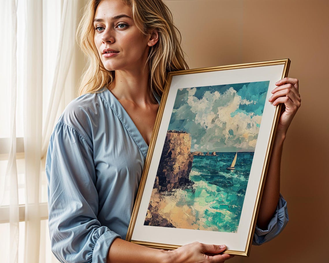 Coastal Cliffs Sailboat Turquoise Sea Impressionist Art Poster - Image 2