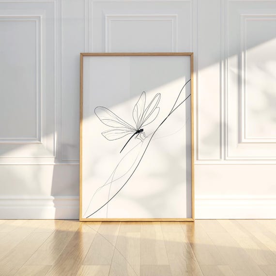 Minimalist Dragonfly Insect Line Drawing Sketch Print Wall Art Modern Vintage Neutral Farmhouse Home Decor Gift
