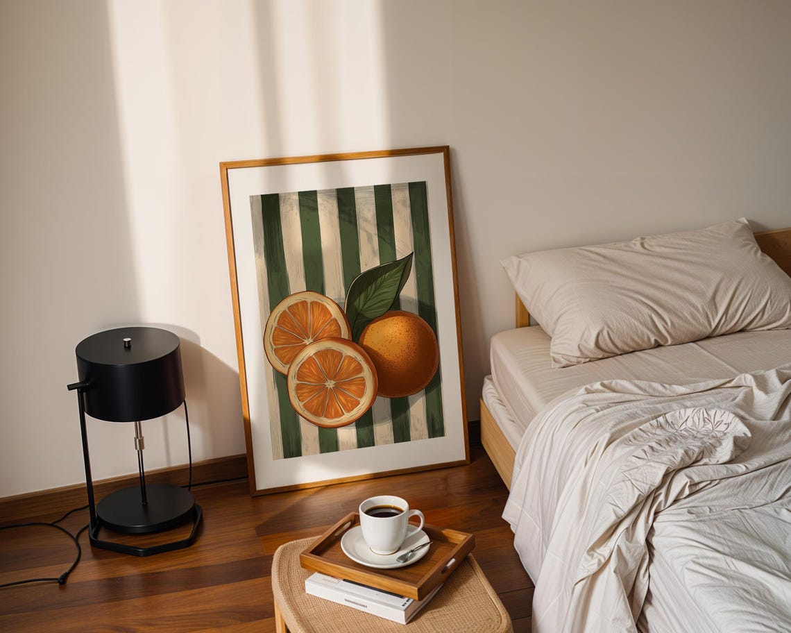 Fresh Orange Slices Citrus Fruit Green Striped Modern Art Poster - Image 2