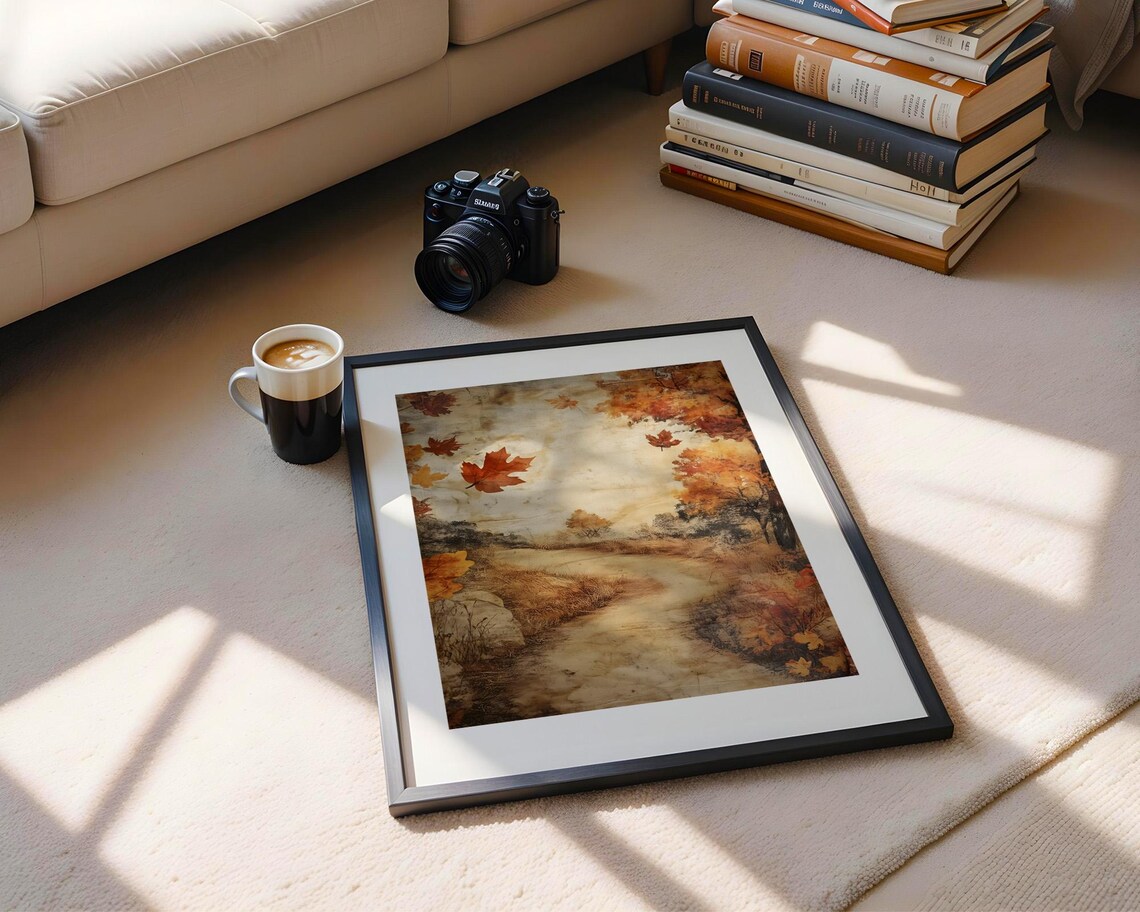 Vintage Autumn Path With Falling Maple Leaves Rustic Fall Painting Poster - Image 4