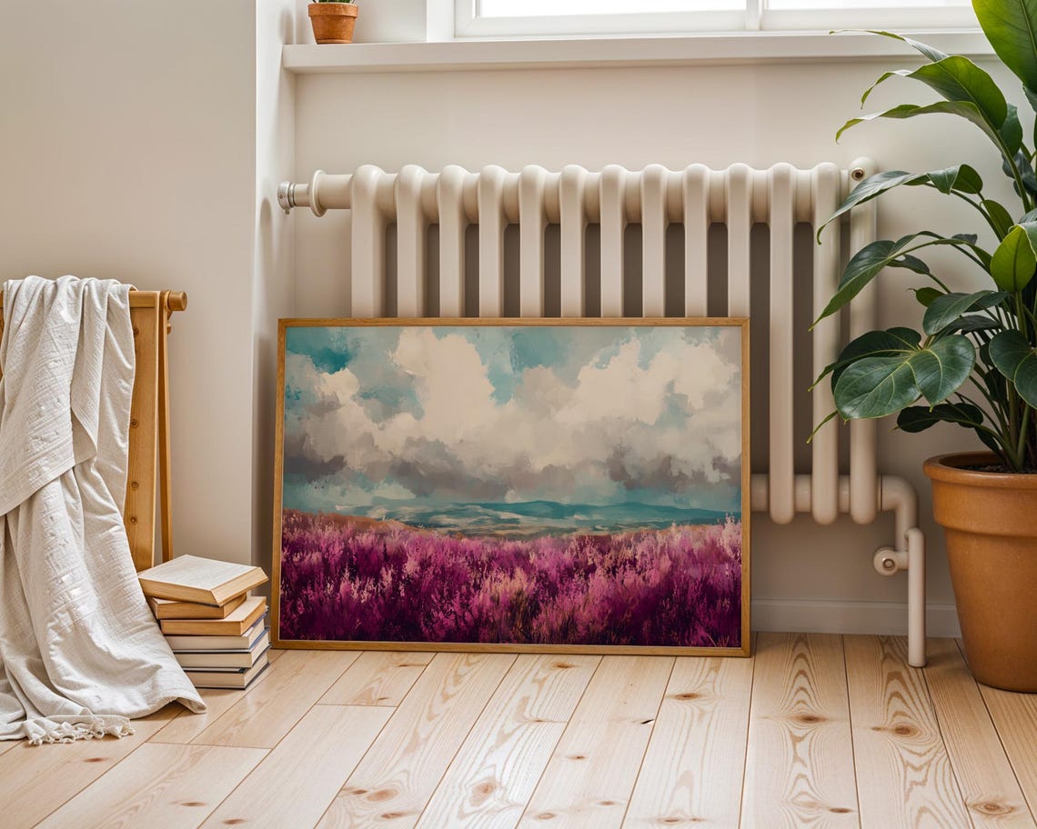 Purple Heather Field Cloudy Sky Landscape Oil Painting Poster - Image 6