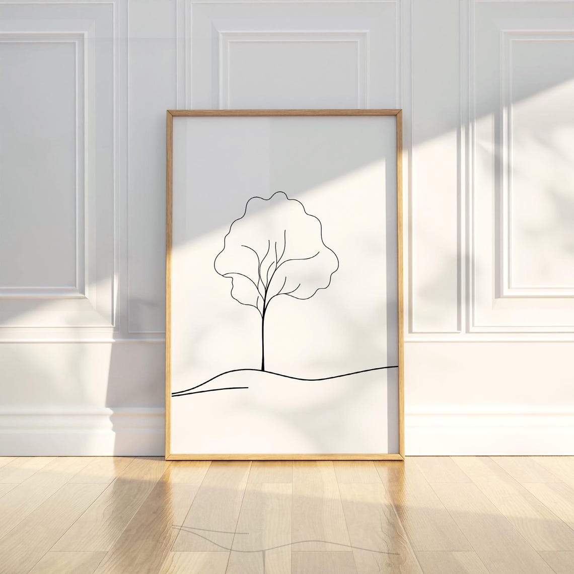 Single Tree Minimalist Line Art Rolling Hillside Landscape Poster