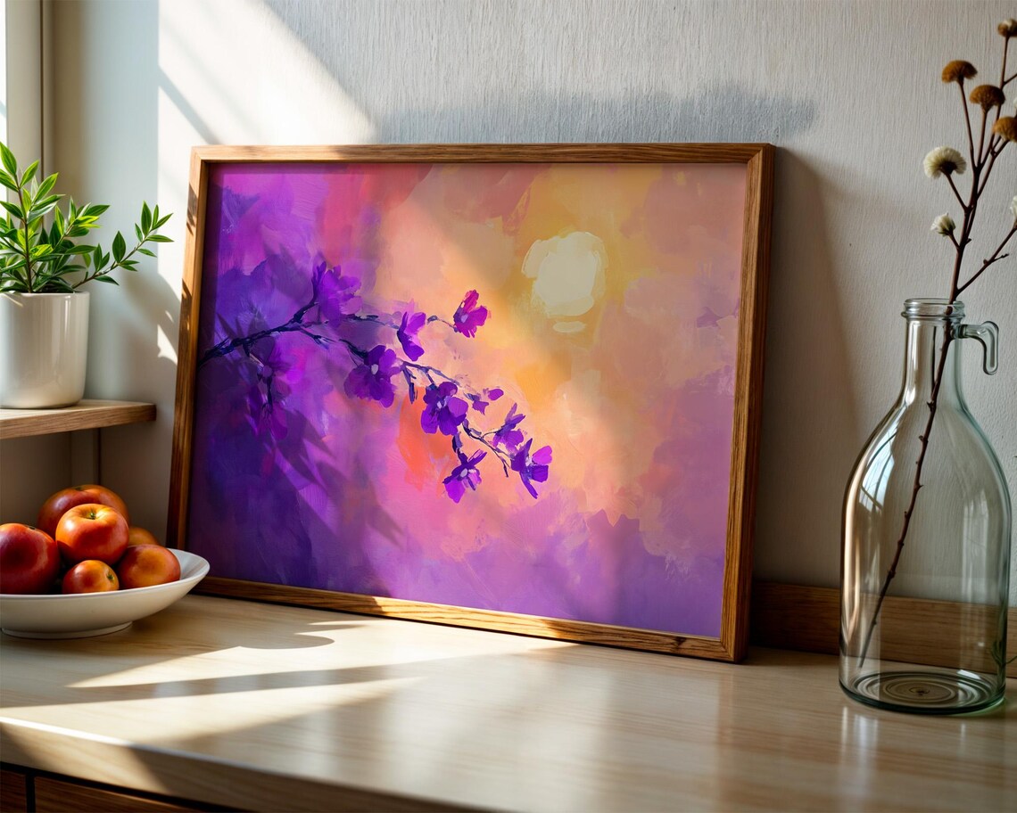Abstract Purple Flower Sun Wall Art Print Oil Painting Vibrant Floral Botanical Nature Dreamy Modern Home Decor Living Room Bedroom Office - Image 2