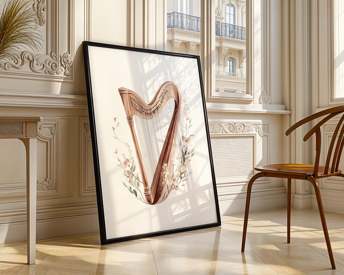 Watercolor Harp Floral Botanical Elegant Classical Music Art Poster - Image 4