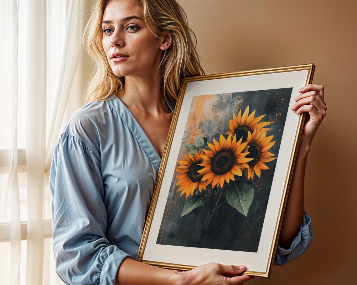 Bright Bold Sunflower Bouquet Rustic Grunge Floral Painting Poster - Image 2