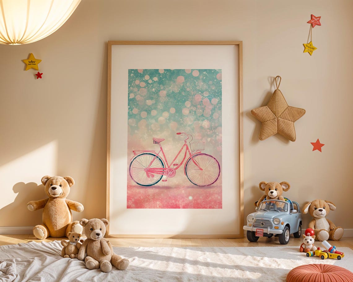 Cute Whimsical Pink Bicycle Pastel Bokeh Retro Bike Art Poster - Image 4