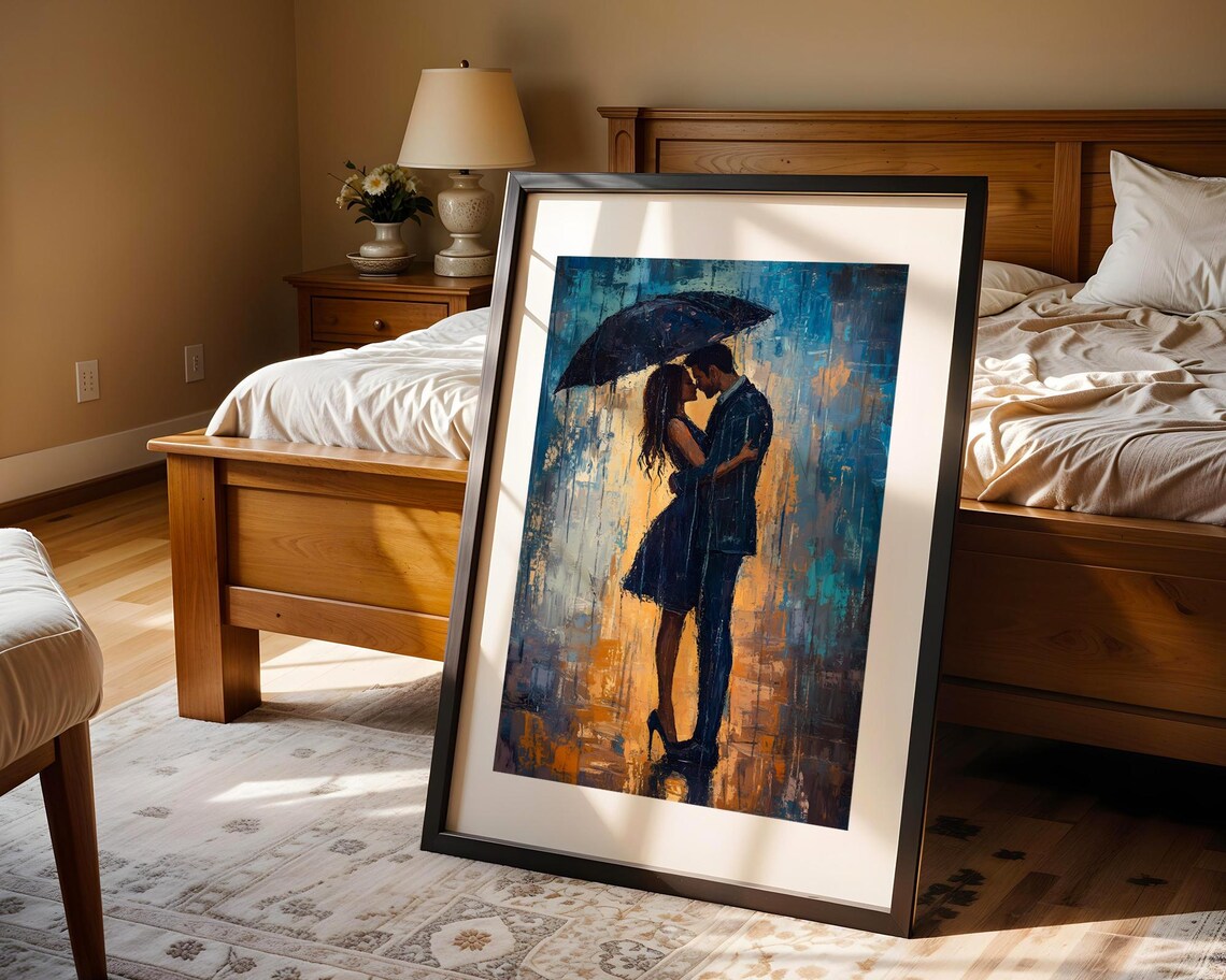Romantic Couple Kissing Under Umbrella Rainy City Painting Poster - Image 5