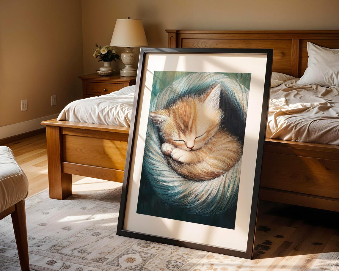 Sweet Sleeping Ginger Kitten Curled in Teal Swirl Art Poster