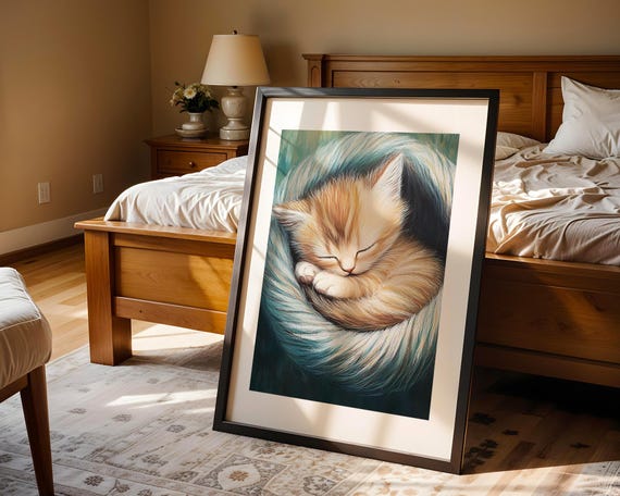 Sleeping Kitten In Yarn Wall Art Print Cozy Tabby Cat Illustration Nursery Pet Lover Modern Kids Playroom Baby Room Decor