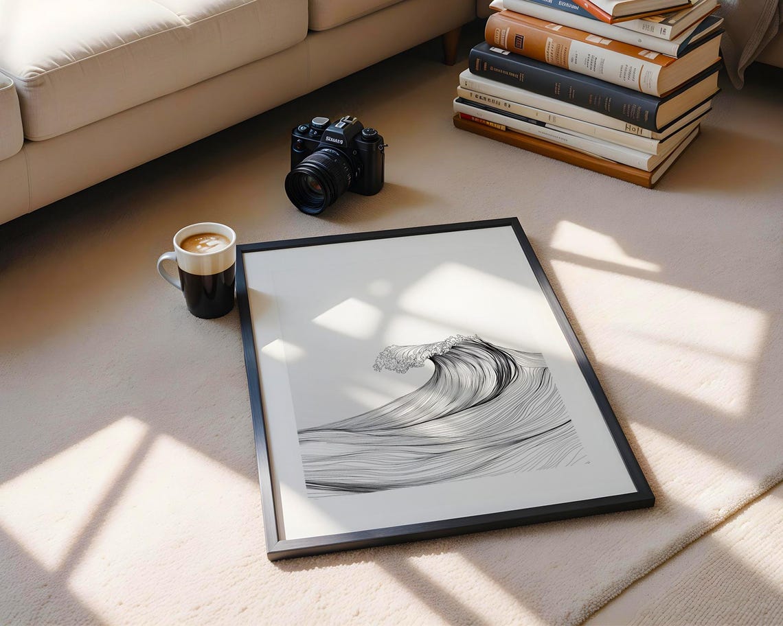 Minimalist Ocean Wave Line Art Black White Japanese Style Poster - Image 5