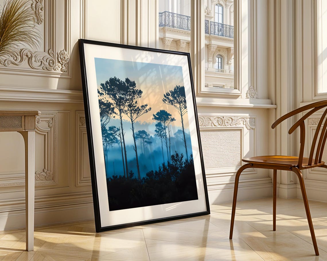 Blue Pine Forest Morning Mist Silhouette Trees Landscape Print - Image 3