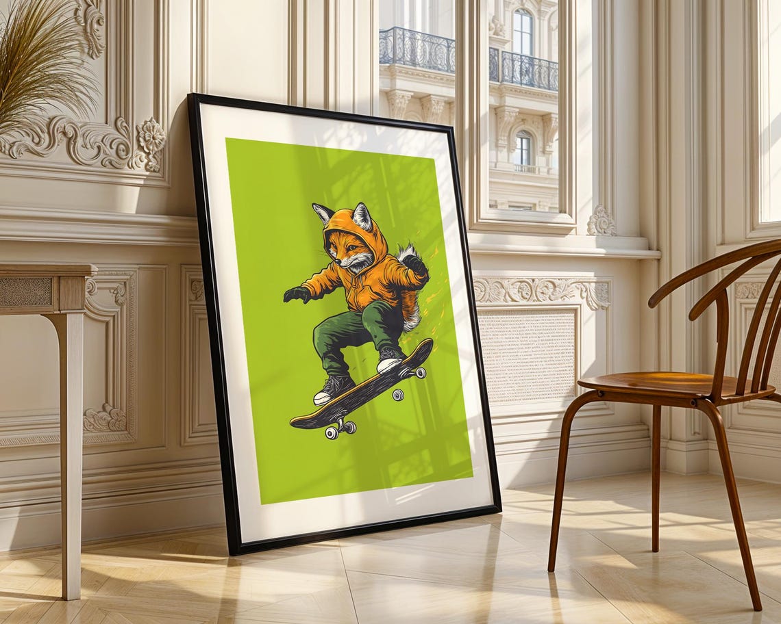 Skateboarding Fox Orange Hoodie Trick Lime Green Street Style Poster