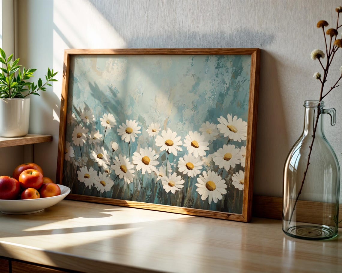 White Daisies Teal Blue Background Impressionist Floral Poster - Image 2