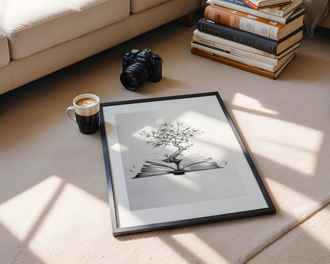 Blooming Book Tree Growing From Open Book Literary Sketch Poster - Image 5