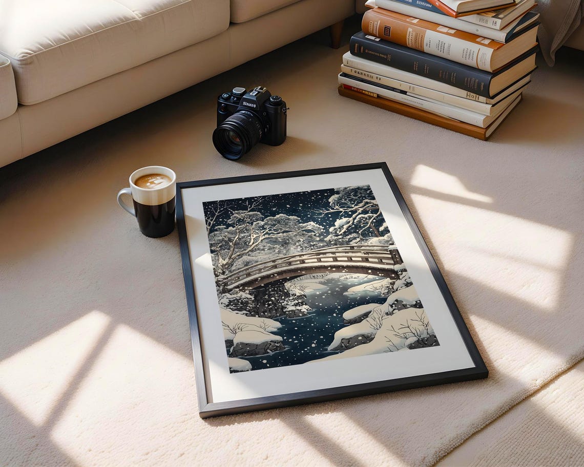 Serene Japanese Snowy Night Bridge Winter Landscape Art Print - Image 6