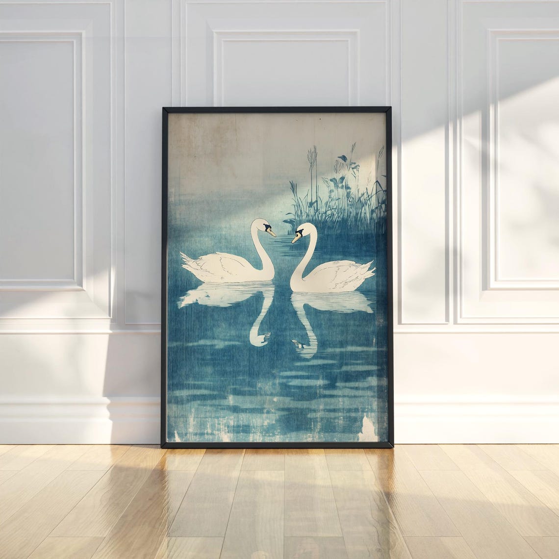 Vintage White Swan Pair Teal Lake Romantic Asian Style Art Poster