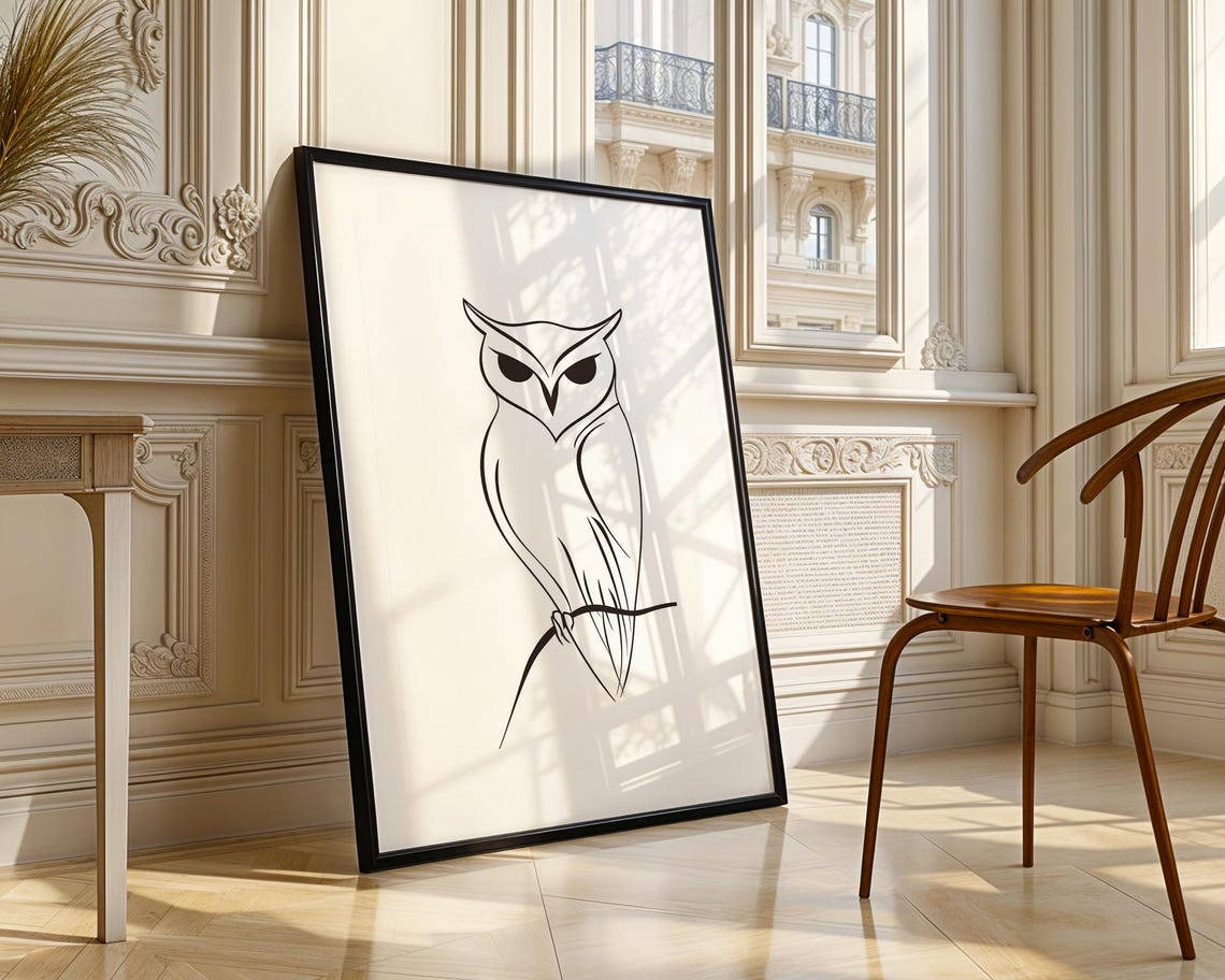 Wise Minimalist Owl Perched Branch Bold Line Art Bird Poster - Image 4