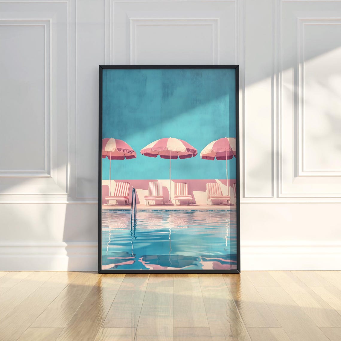 Retro Swimming Pool Pink Umbrellas Summer Vacation Art Poster