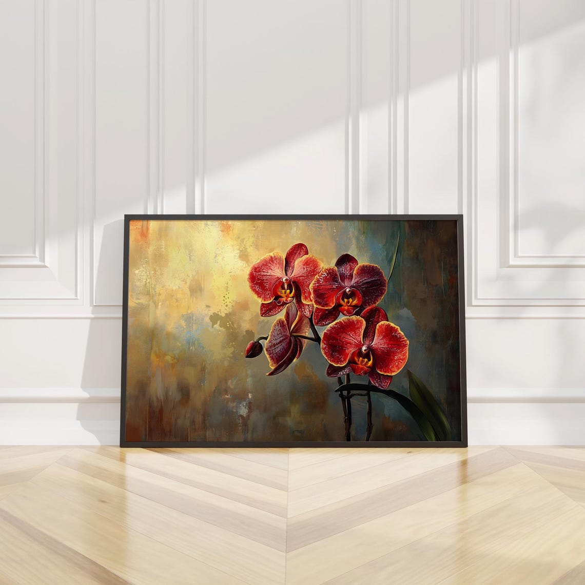 Red Orchid Blooms Golden Dark Background Elegant Floral Art Poster