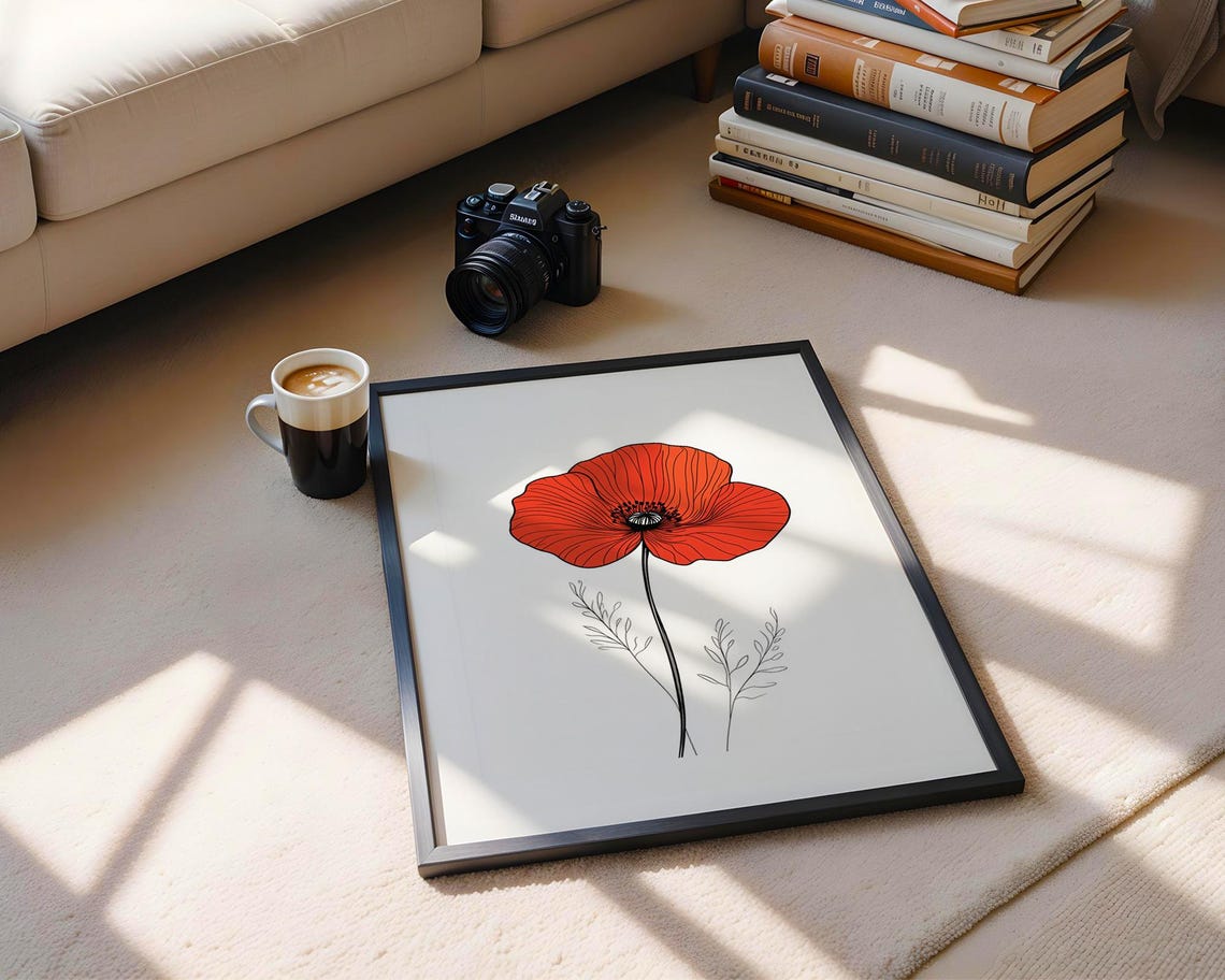 Red Poppy Flower Minimalist Line Illustration Simple Modern Poster - Image 5