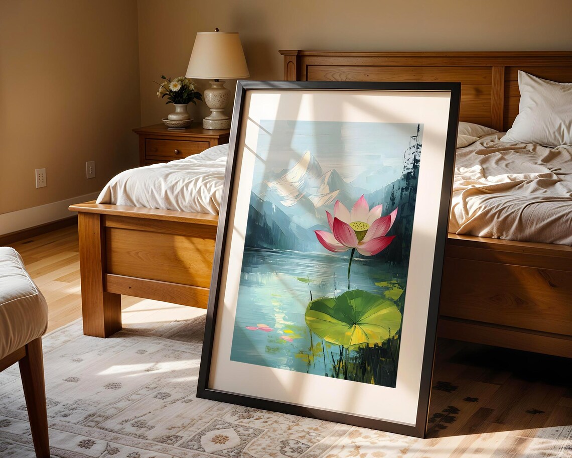 Pink Lotus Flower Serene Lake Mountain Landscape Oil Painting Poster - Image 4