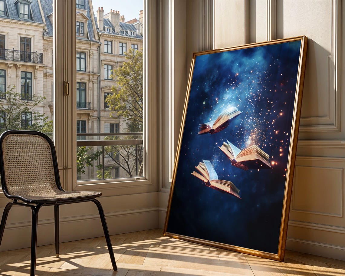 Magical Flying Books Cosmic Starry Night Celestial Fantasy Poster - Image 3