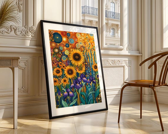 Whimsical Sunflower Iris Bold Floral Wall Print Art Colorful Abstract Garden Painting Vibrant Nature Modern Home Living Room Bedroom Decor