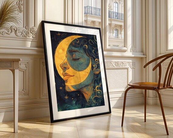 Crescent Moon Woman Face Gold Teal Celestial Dream Art Poster