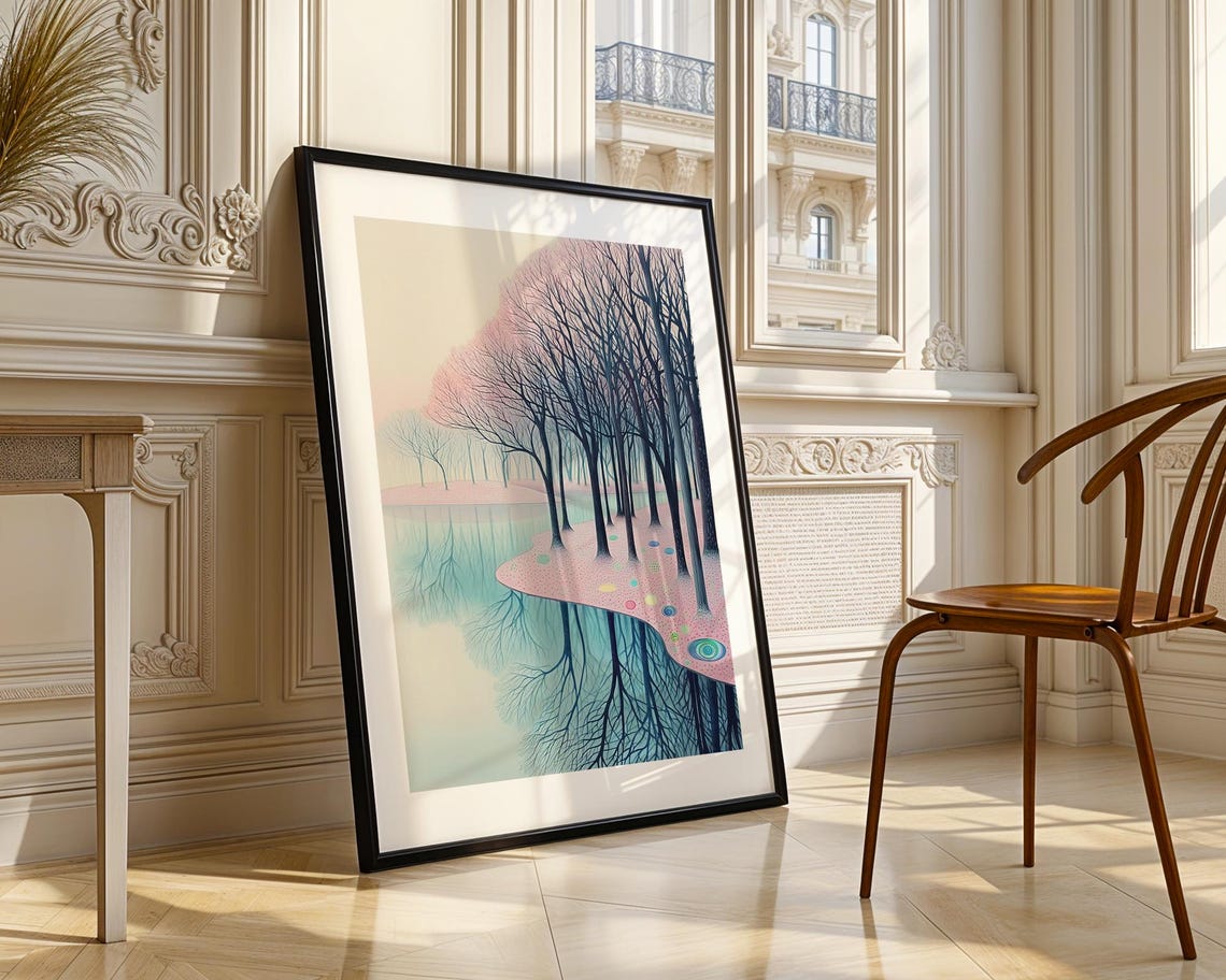 Pastel Pink Blue Lake Trees Reflection Surreal Landscape Poster - Image 3