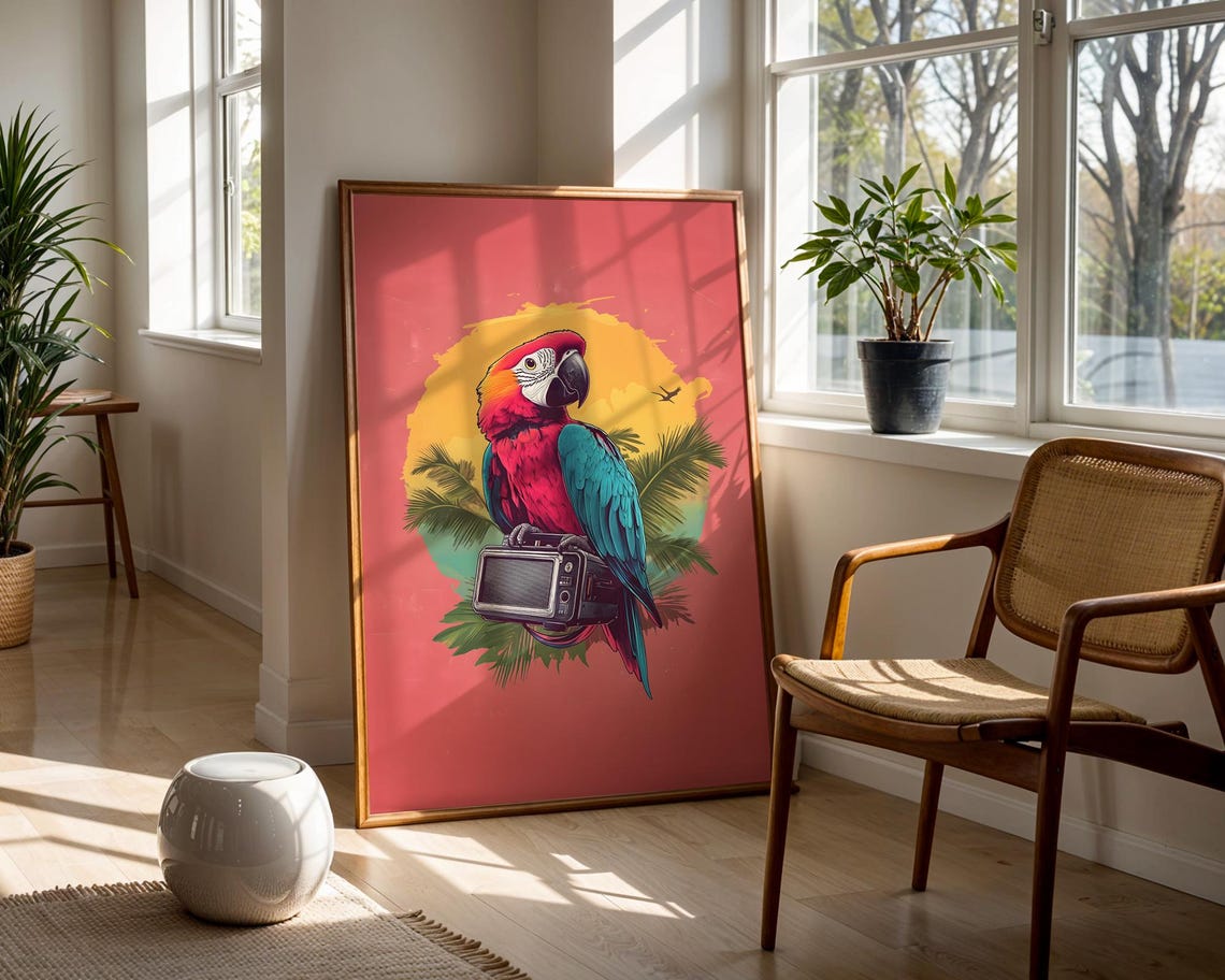 Scarlet Macaw Parrot With Boombox Tropical Sunset Pop Art Poster