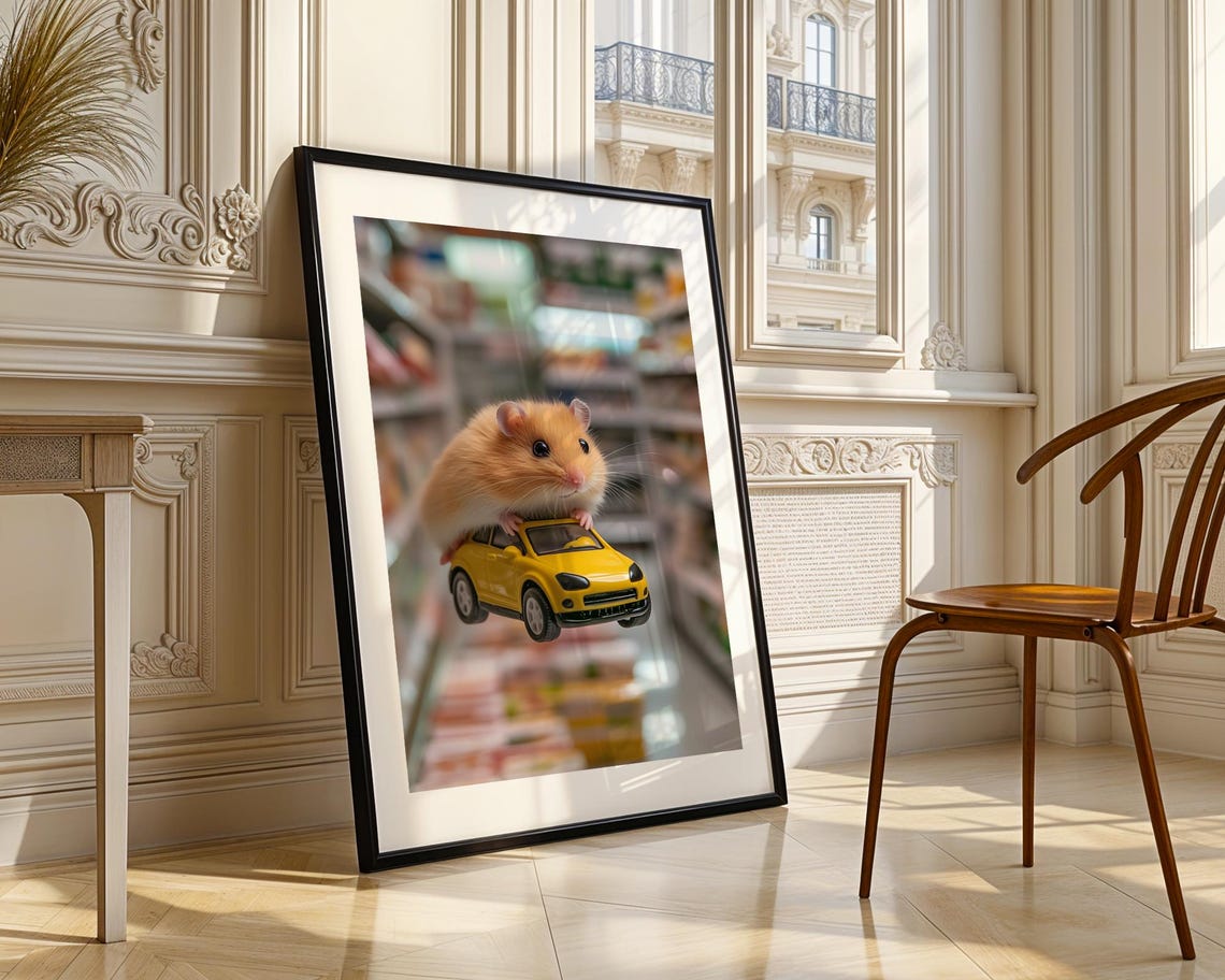 Hamster With Yellow Toy Car Playful Store Aisle Adventure Poster - Image 3