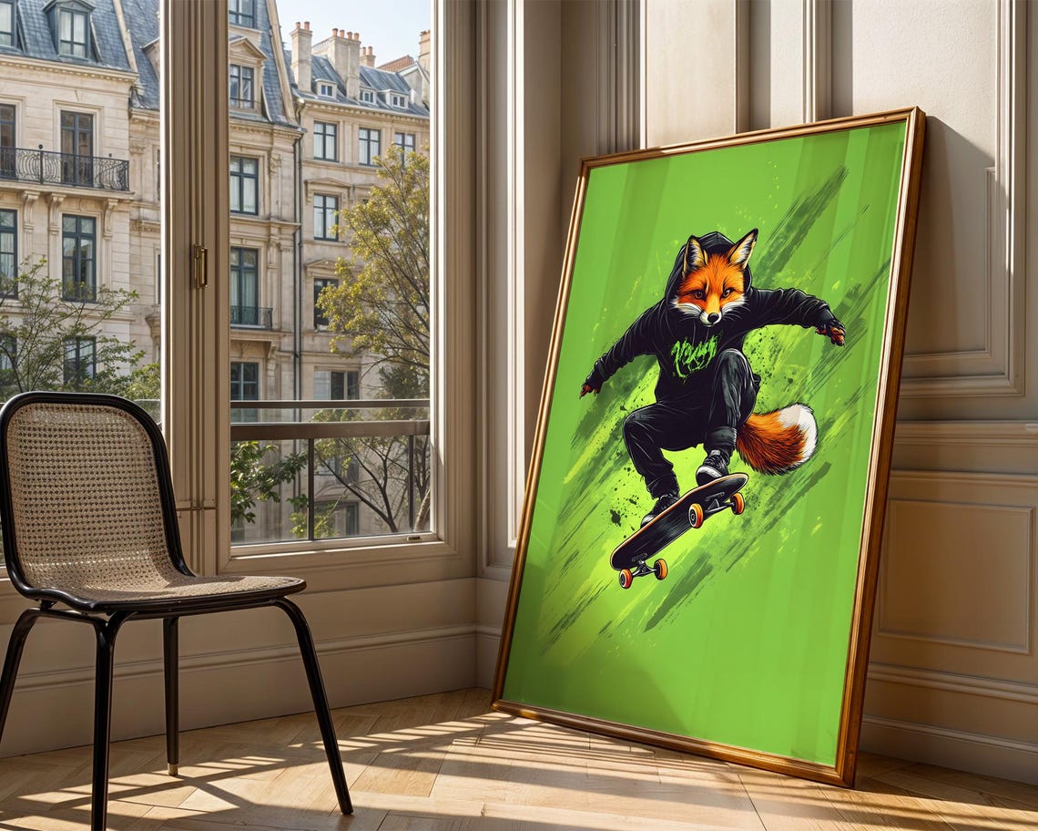 Skateboarding Fox Black Hoodie Jump Bold Green Graffiti Style Poster - Image 4