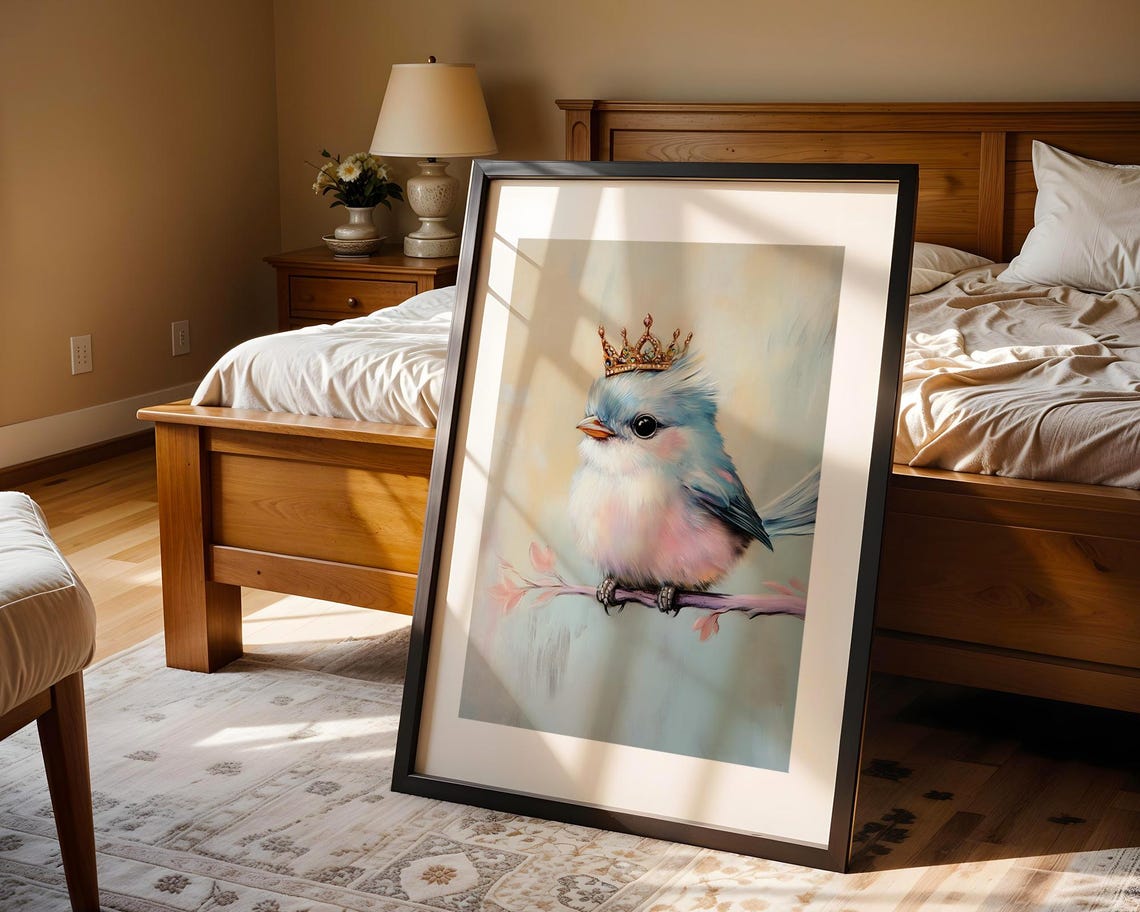 Crowned Blue Bird Pastel Painting Illustration Trendy Wall Art Modern Prints Bedroom Decor Nursery Print