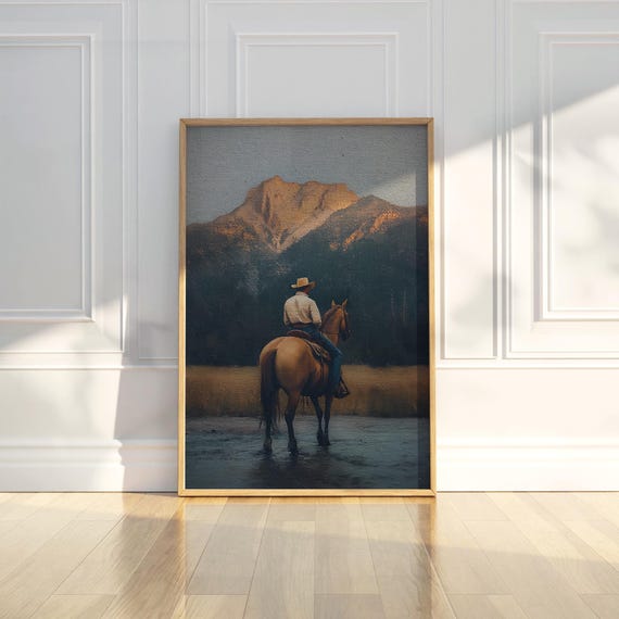 Cowboy Horseback Oil Painting Western Art Print Mountain Landscape Rustic Modern Home Decor West Scene Vintage Style Wall Gift