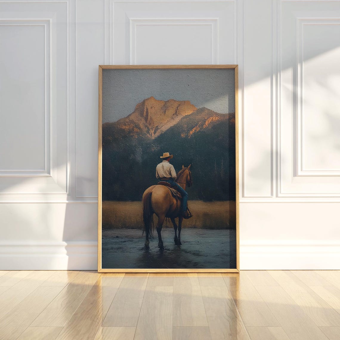 Cowboy Horseback River Crossing Mountain Western Oil Painting Poster