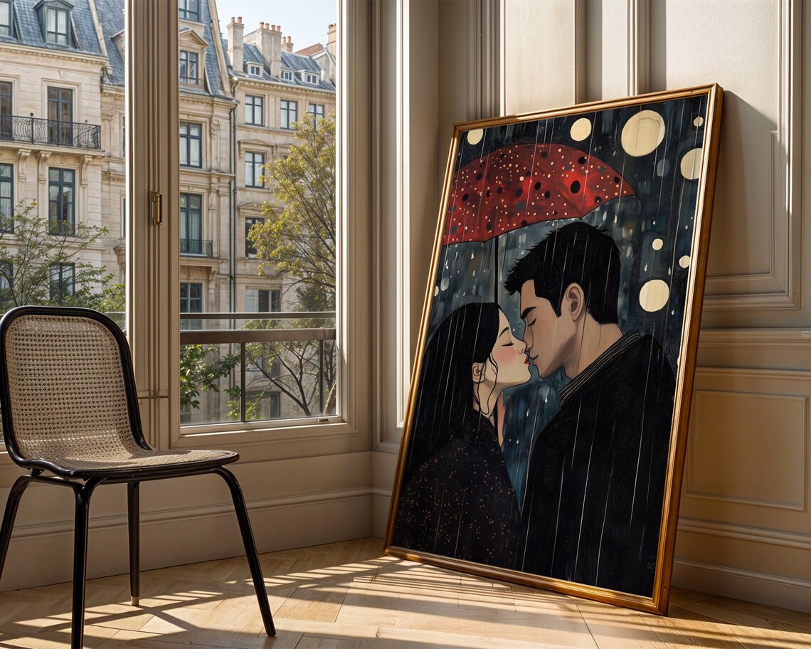 Romantic Couple Kissing Under Red Umbrella In Rainy Night City Poster - Image 3