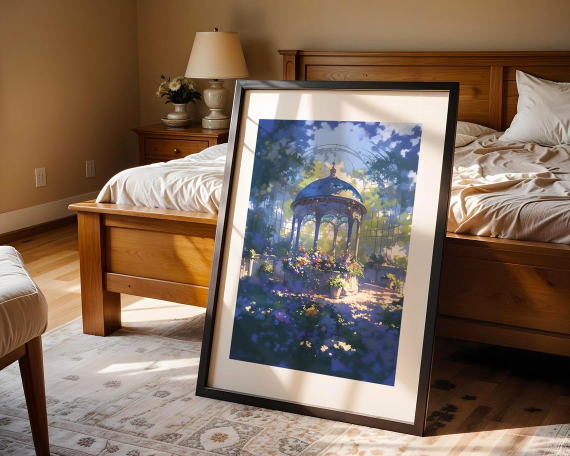Blue Dome Gazebo in Flower Garden Dreamy Blue Painting Poster - Image 4