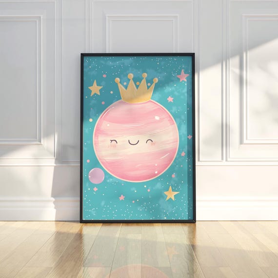 Cute Pink Planet Smiling Face Nursery Painting Poster Wall Art Print Modern Home Kids Playroom Decor Artwork Gift