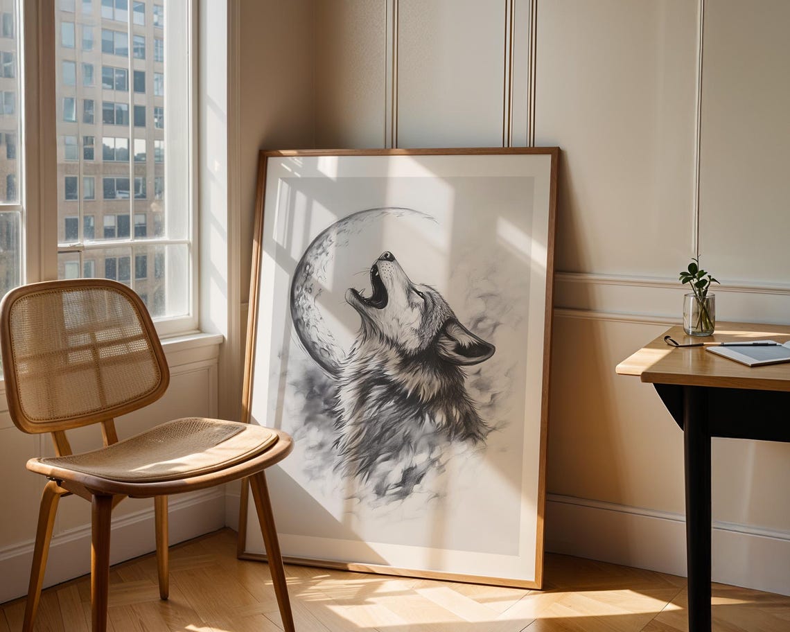 Howling Wolf With Crescent Moon Monochrome Wildlife Sketch Poster - Image 3