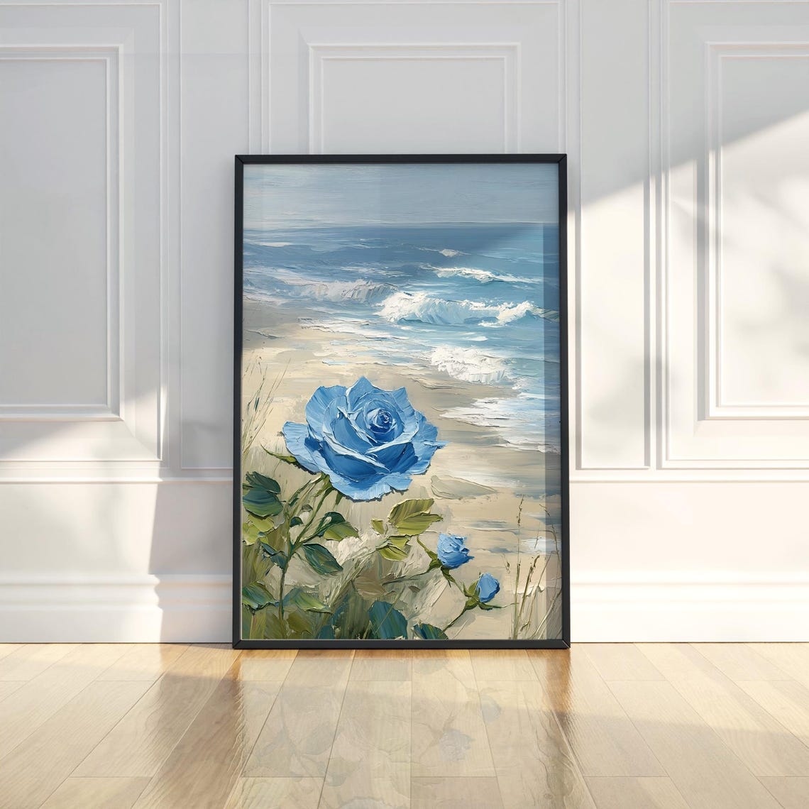 Blue Rose Beach Seascape Ocean Waves Coastal Oil Painting Poster