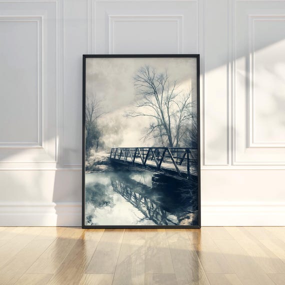 Moody Misty Bridge Winter Forest Path River Painting Retro Poster Wall Art Print Modern Home Decor Artwork Gift