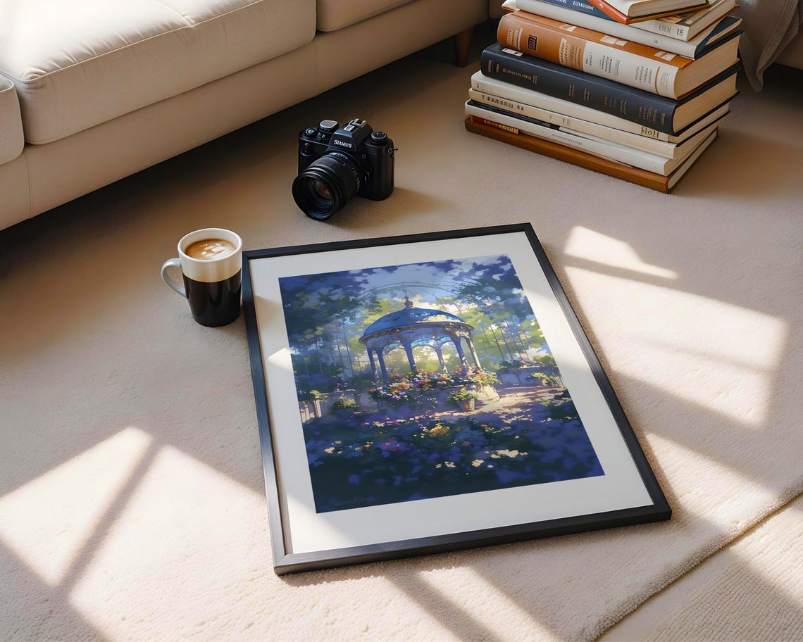 Blue Dome Gazebo in Flower Garden Dreamy Blue Painting Poster - Image 5