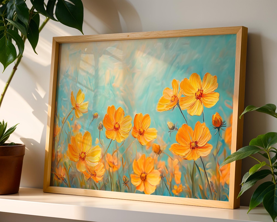 Golden Yellow Cosmos Flowers Teal Background Floral Art Poster - Image 5