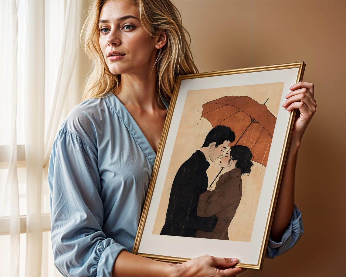 Couple Under Umbrella in Rain Romantic Illustration Art Poster - Image 3