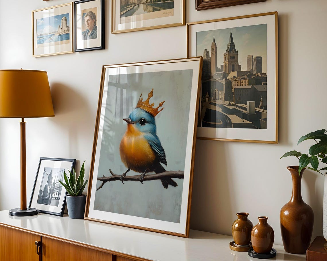 Cute Little Bird Wearing Golden Crown Whimsical Nursery Wall Art - Image 5