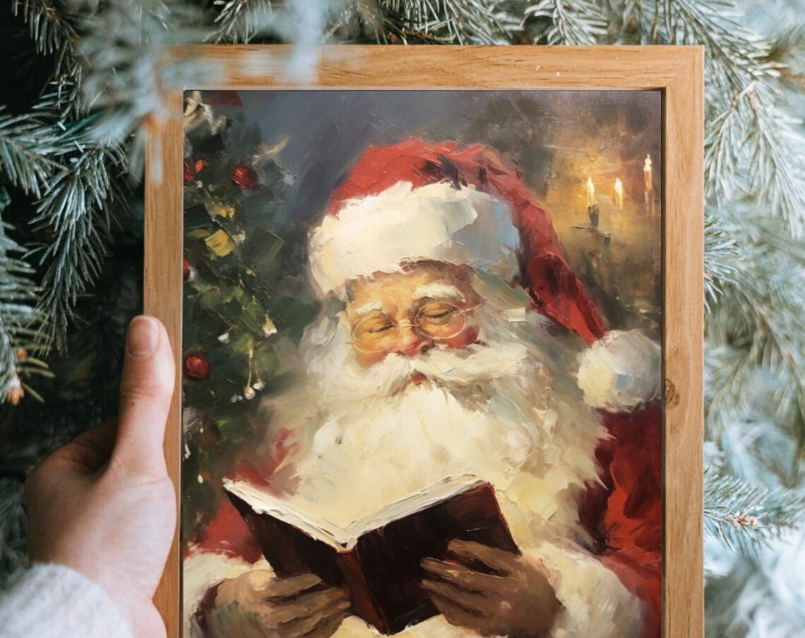 Santa Claus Reading A Book Vintage Oil Painting Christmas Night Poster - Image 4