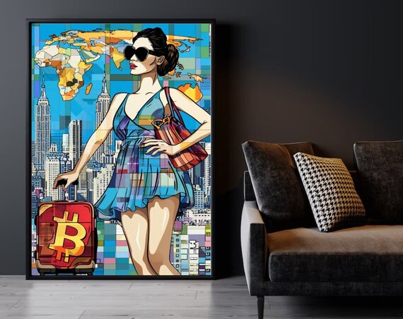 Bitcoin Crypto It Girl Suitcase NYC Skyline Pop Art Fashion Poster